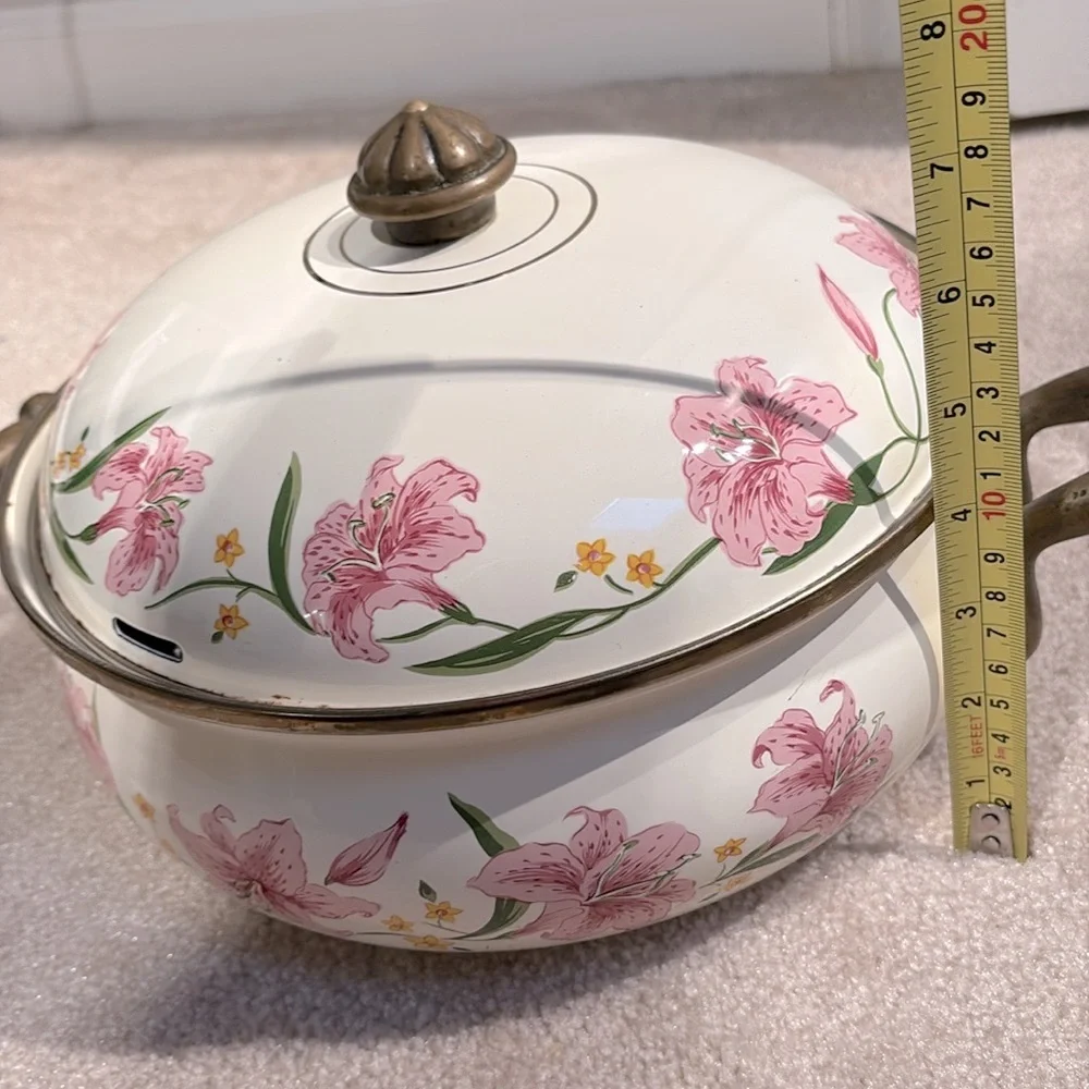 RARE Vintage Normandy Enamel Pink Lily Soup Tureen with Lid. Made in Taiwan.